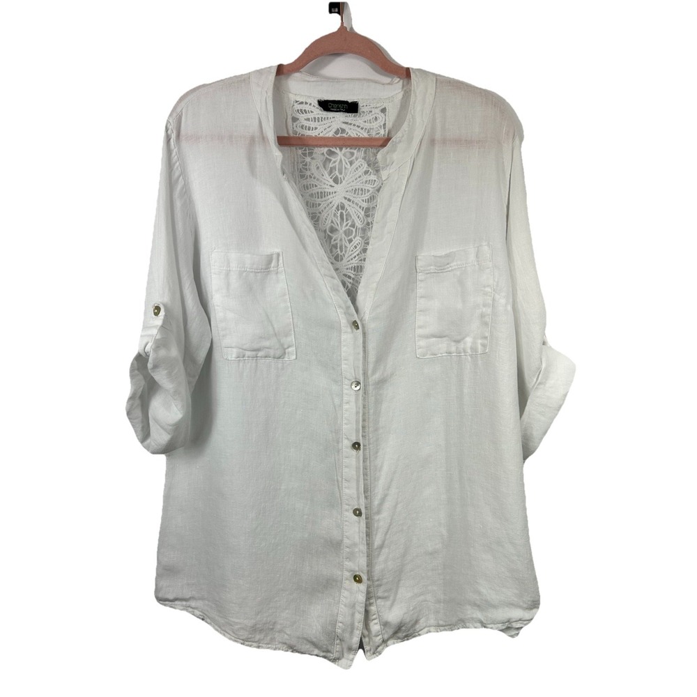 Cherishh Italy‎ White Linen Crochet Back Tunic Blouse Lagenlook Boho Coastal L